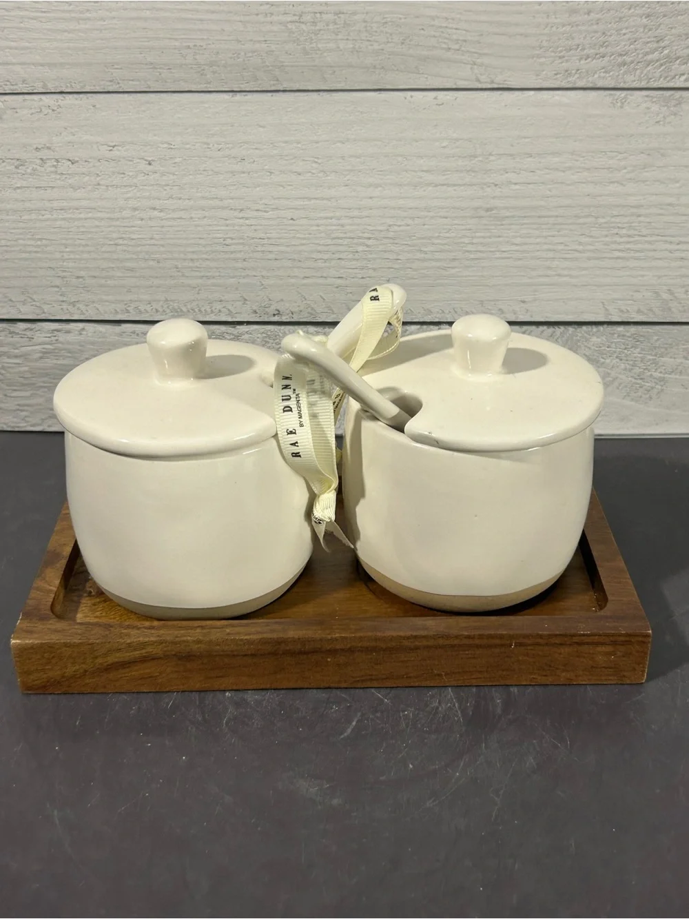 Rae Dunn Cream Ceramic 'SWEET' & 'JAM' Jars with Spoons on Wood Tray